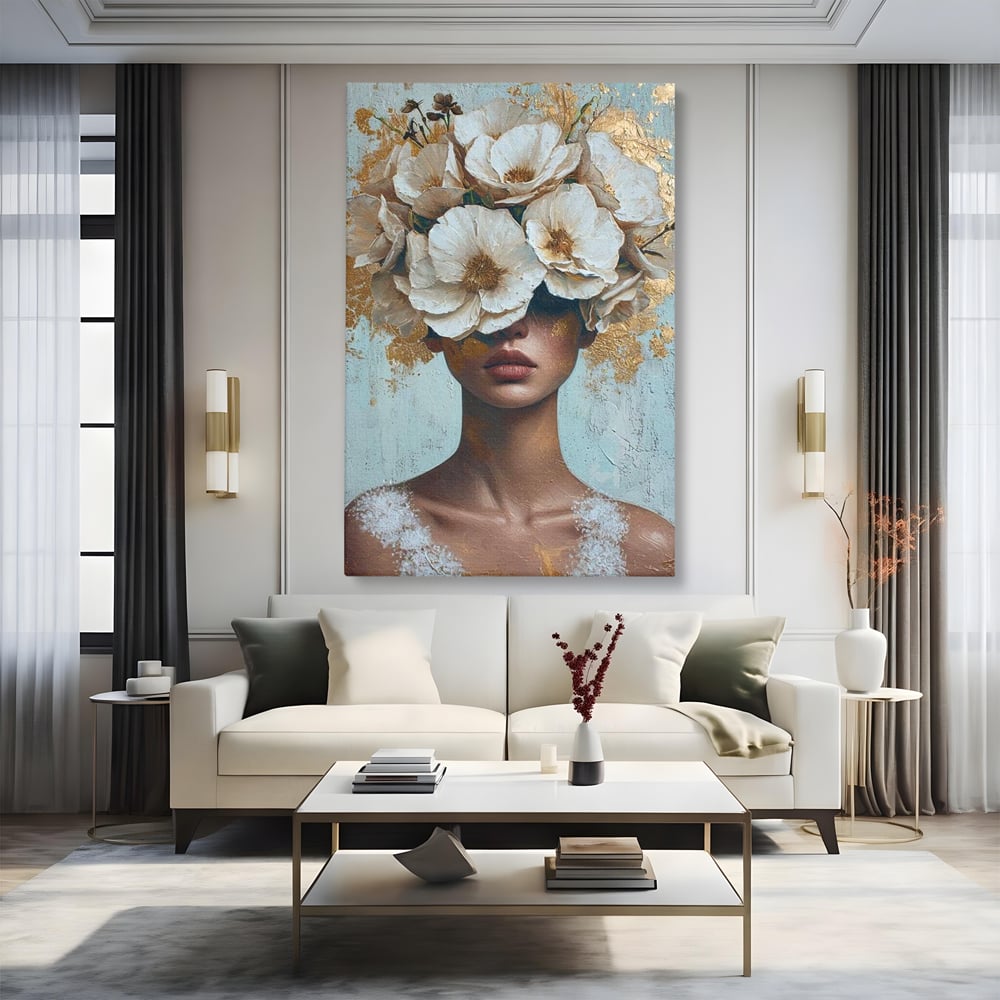 Tablou canvas cu tablou portret femeie cu flori albe, fara rama, pe sasiu de lemn, pe perete intr-un living